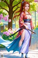 A woman in traditional attire holds a sword, standing amidst blooming flowers and trees.