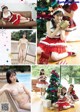 A collage of photos of a woman in a santa outfit.