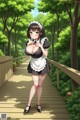 A woman in a maid outfit is standing on a wooden bridge.